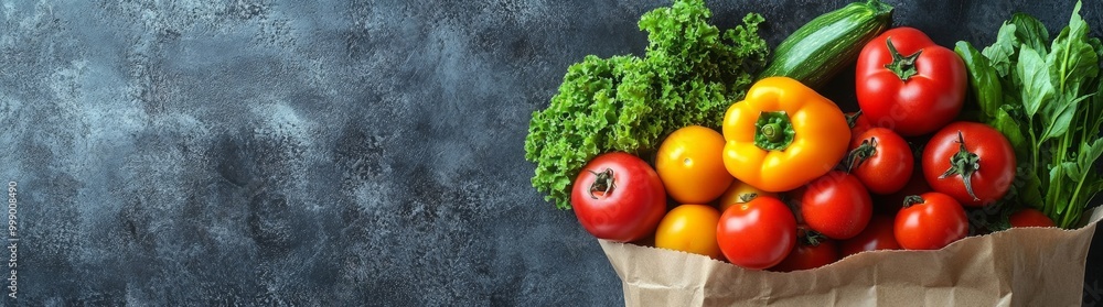 Paper bag with fresh vegetables on dark background, panoramic banner. Space for text. Copy space Paper bag with fresh vegetables on dark background, panoramic banner. Space for text. Copy space