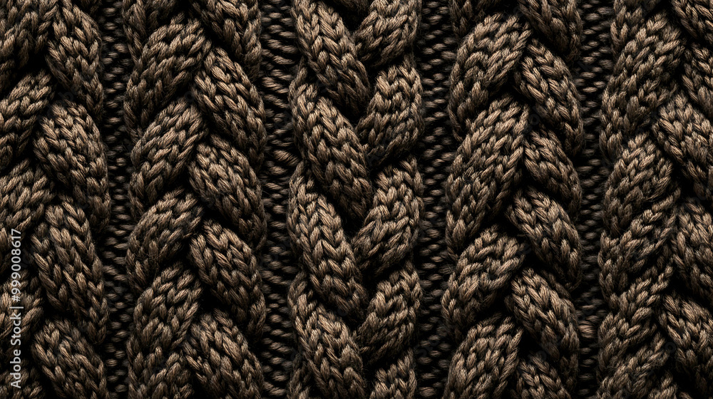 Close-up of brown knitted fabric with cable knit pattern. Close-up of brown knitted fabric with cable knit pattern.