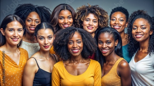 Diverse Group of Women of Color Smiling Brightly with Joyful Expressions Against a Grey Background