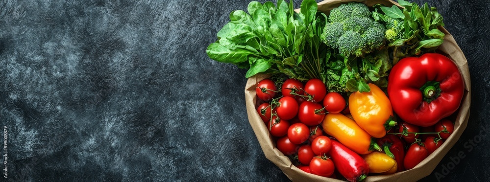 Paper bag with fresh vegetables on dark background, panoramic banner. Space for text. Copy space Paper bag with fresh vegetables on dark background, panoramic banner. Space for text. Copy space
