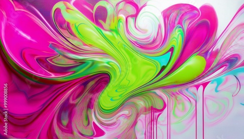 neon pink,.neon green paint creates an abstract shape on a white canvas with a graffiti spray
