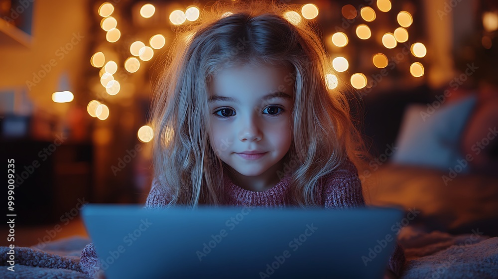 A young girl is using a tablet computer at night. A young girl is using a tablet computer at night.