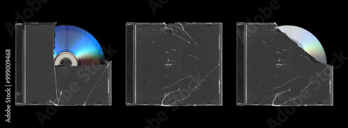 Photography set of three cracked mockup of old music CD disc jewel case with black cover lay
