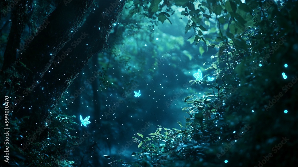 Fototapeta premium Glowing Butterflies and Fireflies in a Dark Forest