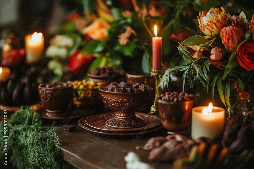 Obraz premium A luxurious scene of a cacao ceremony with a beautifully set table, featuring cacao cups, candles, and fresh flowers