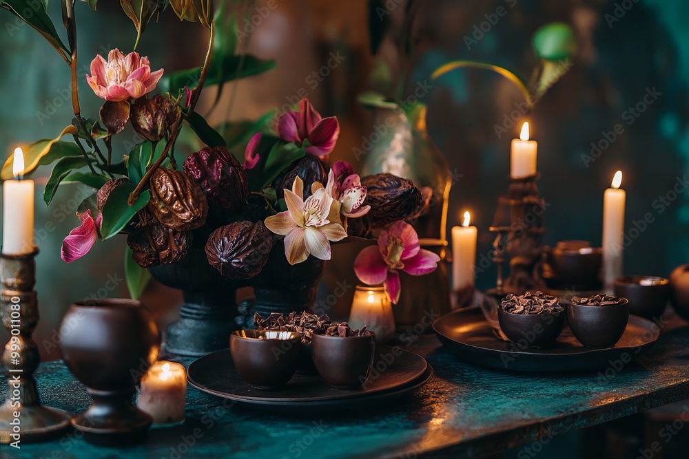 A luxurious scene of a cacao ceremony with a beautifully set table, featuring cacao cups, candles, and fresh flowers A luxurious scene of a cacao ceremony with a beautifully set table, featuring cacao cups, candles, and fresh flowers