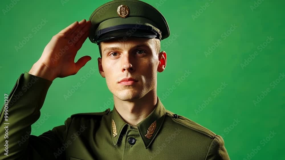 Young military officer in uniform is saluting with a serious expression on his face against a green screen background Young military officer in uniform is saluting with a serious expression on his face against a green screen background