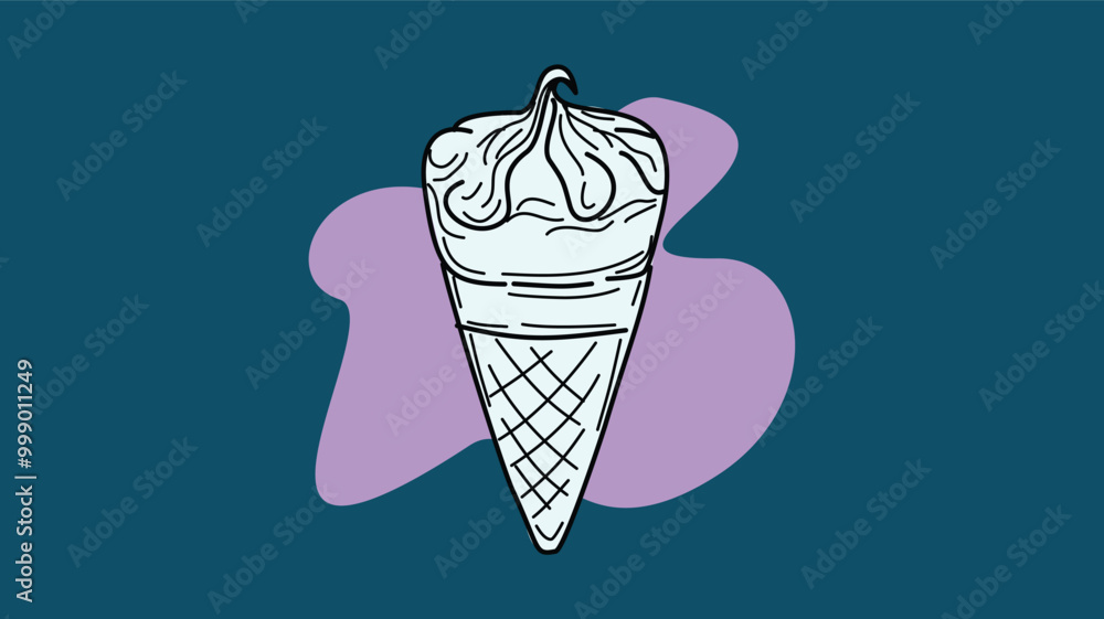 ice cream cone with a creamy swirl on top, set against a modern abstract background with unique shapes and a combination of blue and purple colors. ice cream cone with a creamy swirl on top, set against a modern abstract background with unique shapes and a combination of blue and purple colors.