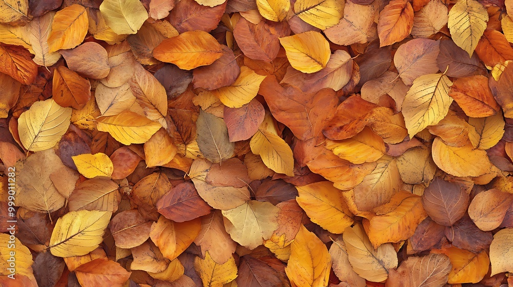 A close-up of a pile of colorful autumn leaves in various shades of yellow, orange, and brown. A close-up of a pile of colorful autumn leaves in various shades of yellow, orange, and brown.