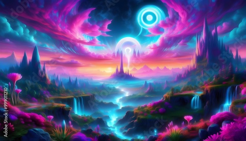 Vibrant Neon Landscape with Alien Flora and Dreamlike Atmosphere