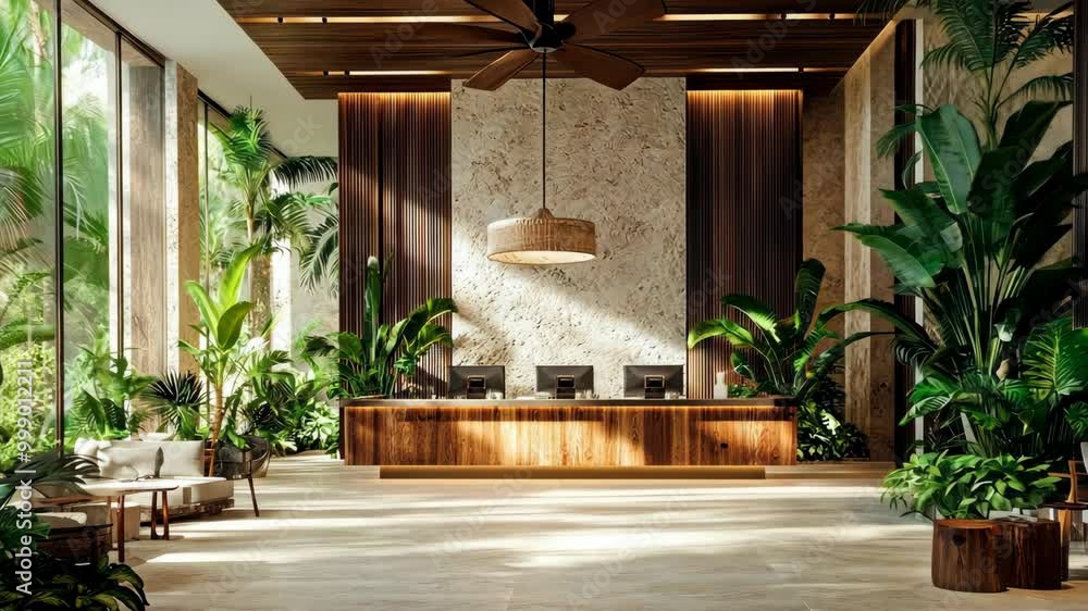 A modern hotel lobby with lush greenery and a wooden reception desk A modern hotel lobby with lush greenery and a wooden reception desk