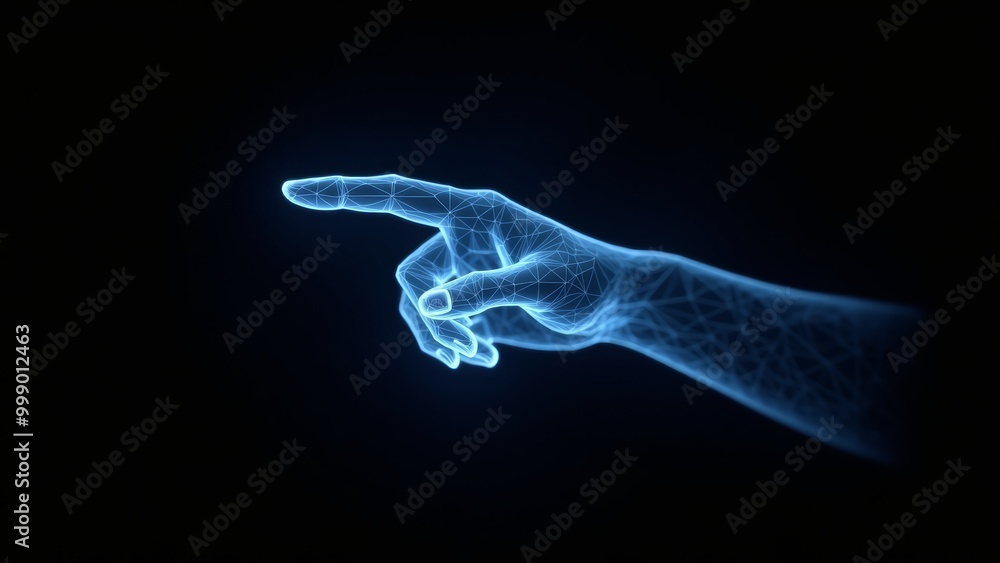 Polygonal blue hologram of digital hand pointing on dark background. Polygonal blue hologram of digital hand pointing on dark background.