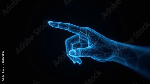 Polygonal blue hologram of digital hand pointing on dark background.