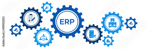 Enterprise Resource Planning (ERP) Banner with Icons for Inventory, Financials, HRM, Production, and MRP System Integration