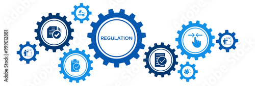 Business Regulation and Compliance Management Banner with Icons for Standards, Guidelines, Legal Procedures, and Rules