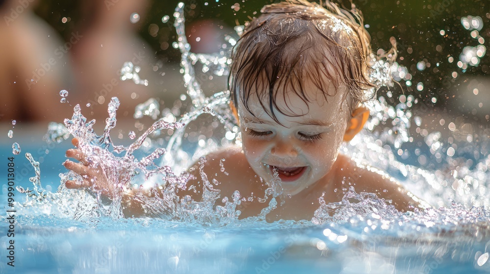 Happy Child Splashing in Pool - Summer Fun and Hydration Concept Happy Child Splashing in Pool - Summer Fun and Hydration Concept