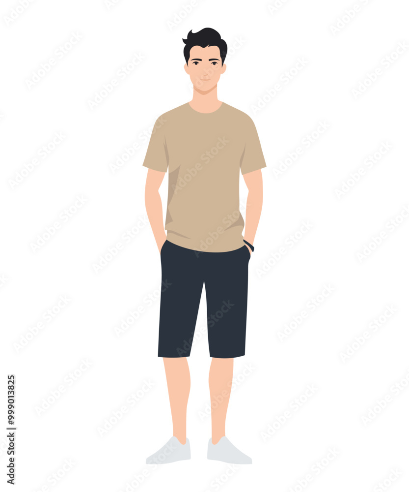 Vector illustration of a man in a summer look with a brown t-shirt and dark shorts Vector illustration of a man in a summer look with a brown t-shirt and dark shorts