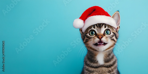 happy cat in a New Year's red cap on a blue background. cute cat waiting for the holiday. Santa Claus hat. New Year banner with place for text. cheerful pet