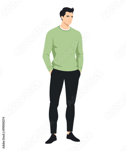 Vector illustration of a man in a light green sweater and dark pants