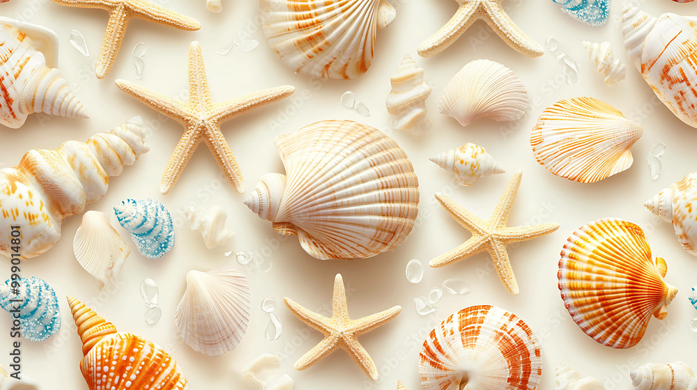 A flat lay of various seashells and starfish on a white background. A flat lay of various seashells and starfish on a white background.