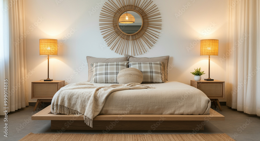 Fototapeta premium Modern bedroom with cozy decor and natural light creating a serene atmosphere