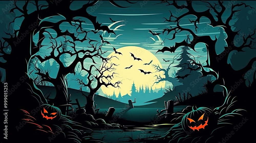 Spooky Halloween Scene in Haunted Woods Spooky Halloween Scene in Haunted Woods