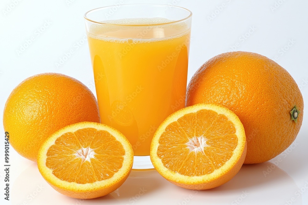 Fresh Orange Juice with Whole and Sliced Oranges on White Background Fresh Orange Juice with Whole and Sliced Oranges on White Background