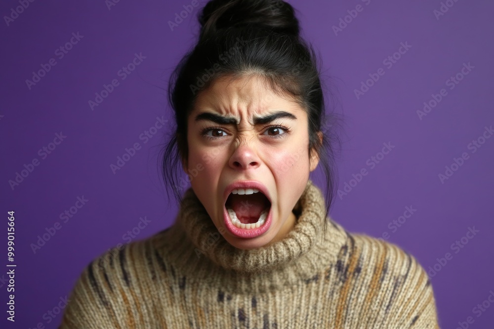 “Young Woman Expressing Anger with Open Mouth Against Purple Background” “Young Woman Expressing Anger with Open Mouth Against Purple Background”