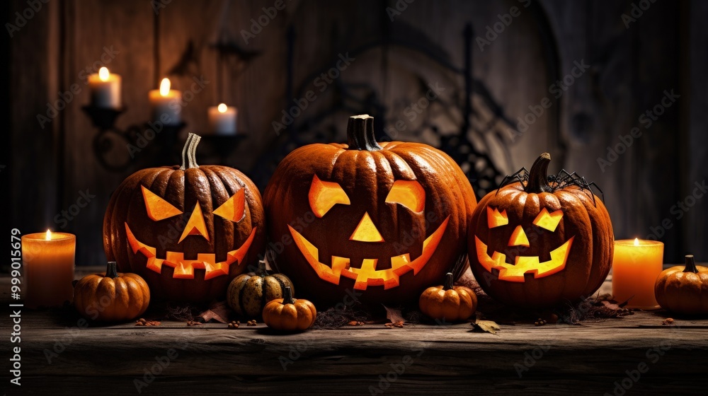 Three Unlit Jack-o-Lanterns on a Stone Table Three Unlit Jack-o-Lanterns on a Stone Table