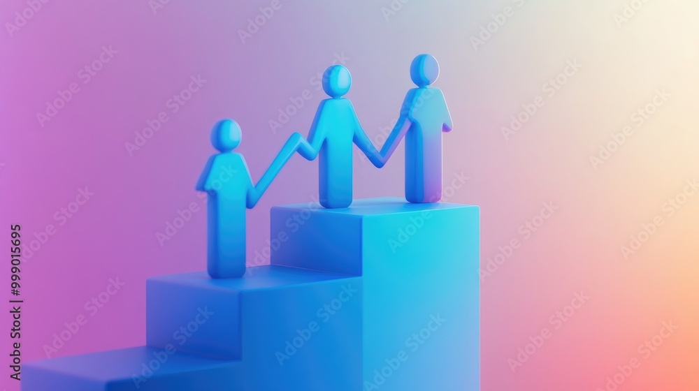 Three 3D figures stand on a staircase, symbolizing teamwork, success, and progression. Three 3D figures stand on a staircase, symbolizing teamwork, success, and progression.