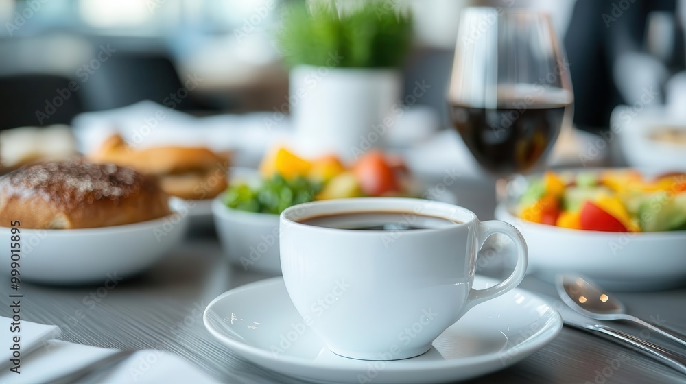 A business meeting taking place over breakfast in a hotel s upscale dining area focus on Professional conversations over morning coffee vibrant Multilayer Dining room backd A business meeting taking place over breakfast in a hotel s upscale dining area focus on Professional conversations over morning coffee vibrant Multilayer Dining room backd