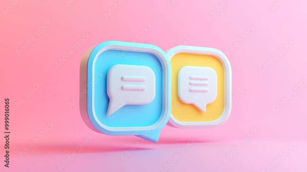 Two 3D chat icons, one blue and one yellow, against a pink background. Two 3D chat icons, one blue and one yellow, against a pink background.