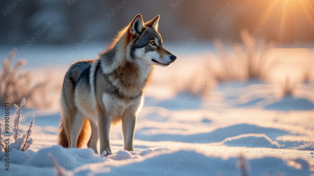 Naklejka premium Generative AI, a wolf standing in the snow at sunset or dawn with the sun shining through the trees behind it and the snow on the ground, beautifully backlit, a 3D render, naturalism 