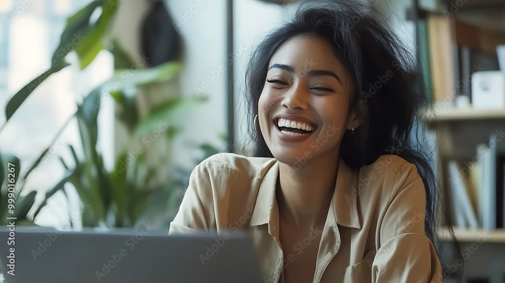 Happy young woman working remotely on a virtual video team meeting call, remote work and flexible culture concept. Inclusive and diverse dei workplace with a blasian african american businesswoman Happy young woman working remotely on a virtual video team meeting call, remote work and flexible culture concept. Inclusive and diverse dei workplace with a blasian african american businesswoman