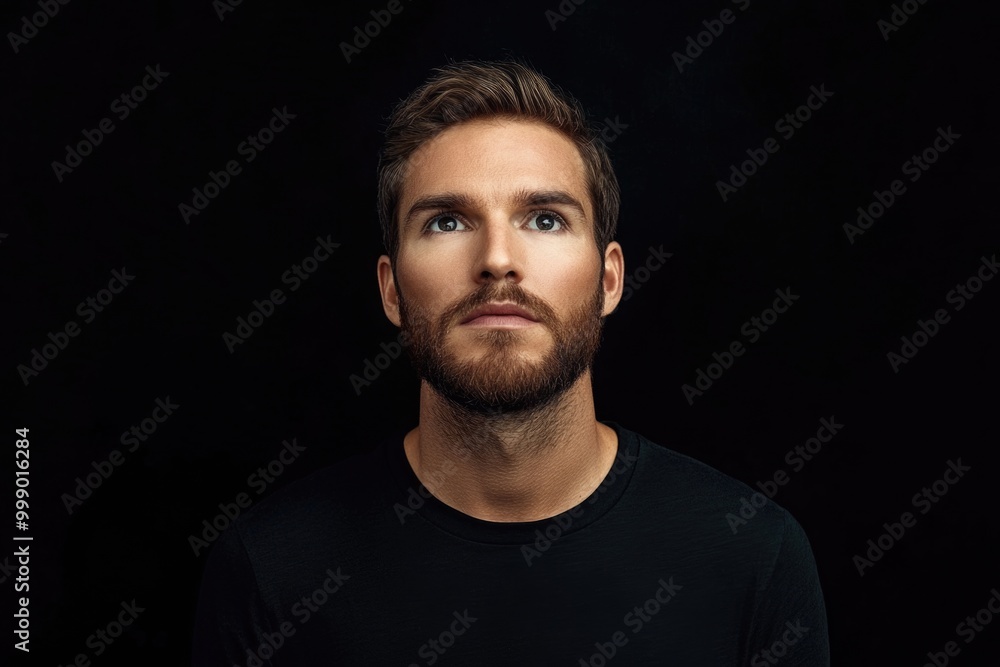 Thoughtful man with beard looking up against dark background Thoughtful man with beard looking up against dark background