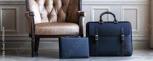 A corporate traveler's briefcase resting next to a luxurious armchair in the hotel s VIP lounge close up   Comfort meets professionalism   realistic   Multilayer   VIP lounge backd photo