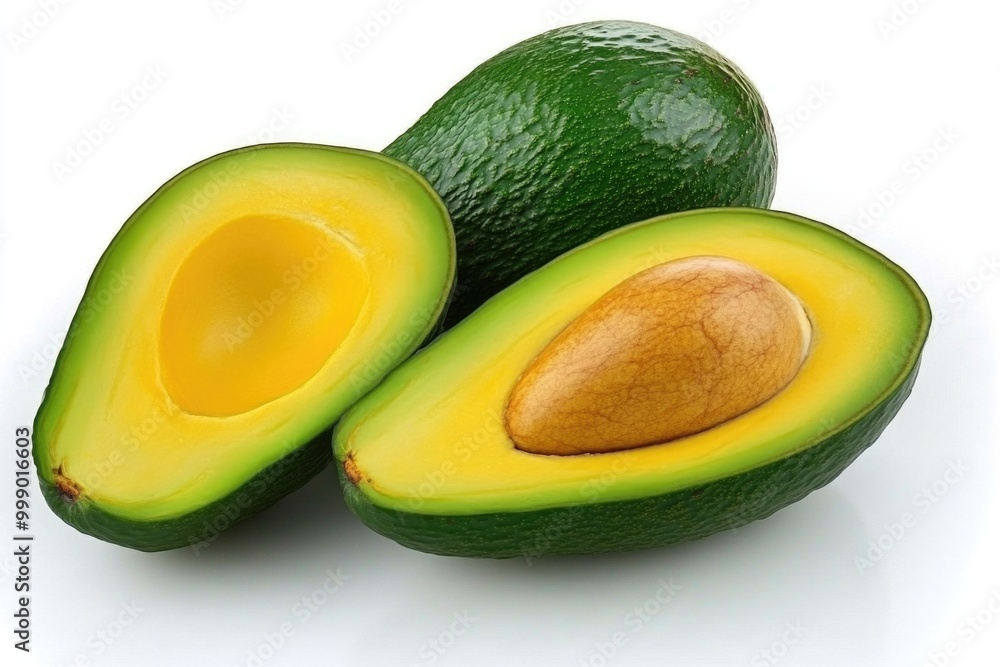Fresh Avocados - Whole and Sliced Halves with Seed on White Background Fresh Avocados - Whole and Sliced Halves with Seed on White Background