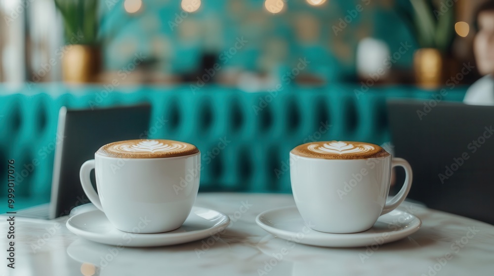 Fototapeta premium Business travelers taking a coffee break in a chic hotel cafe