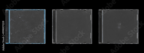 Set of three isolated mockup of old music CD disc jewel case with black cover layout for photo and artworks, in black background, y2k style