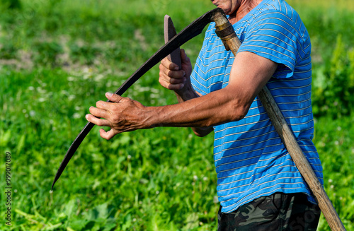 mowing grass traditional old-fashioned way with hand scythe on household village farm. young mature farmer man sharpening the scythe with grass or whetstone for mowing the grown weed of a farmland