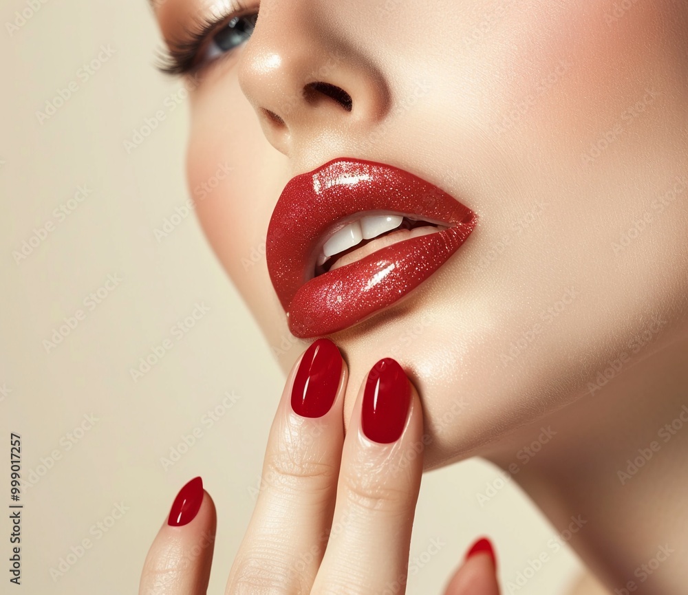 Naklejka premium Macro photo of female lips with red lipstick and white teeth. . Сlose up portrait of woman