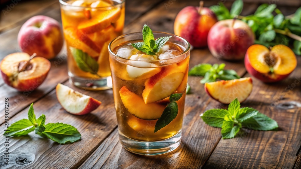 Refreshing Peach Iced Tea with Fresh Peach Slices and Mint Served in a Glass on a Rustic Wooden Table Refreshing Peach Iced Tea with Fresh Peach Slices and Mint Served in a Glass on a Rustic Wooden Table