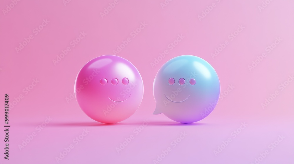 Two 3D smiley faces in pink and blue with chat bubble on pink background. Two 3D smiley faces in pink and blue with chat bubble on pink background.