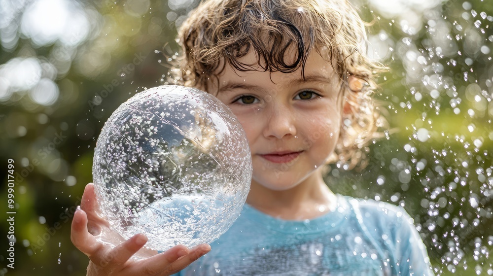 Naklejka premium Refreshing Summer Fun - Child with Water Balloon for Hydration and Playful Cooling