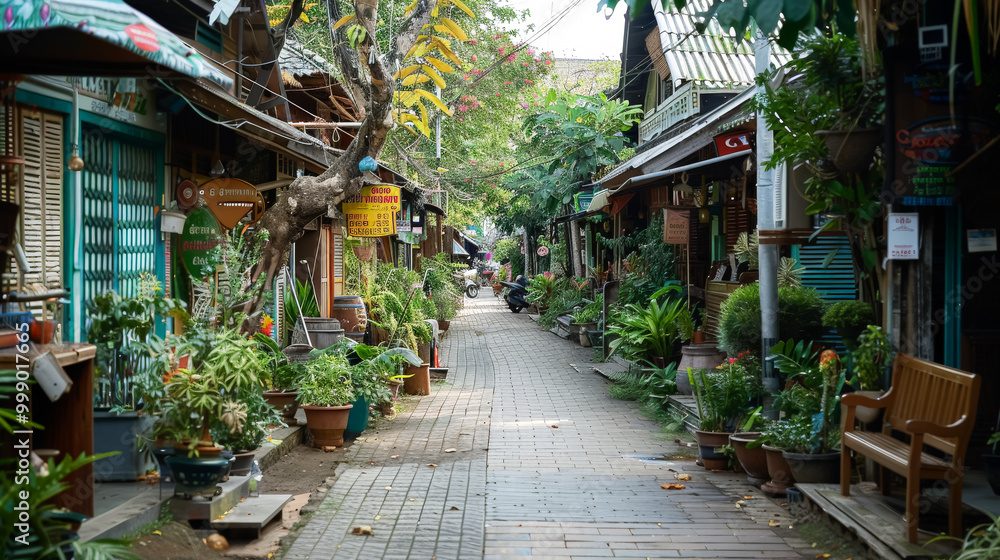 Fototapeta premium Narrow street with a lot of potted plants and benches. The street is lined with shops and has a lot of greenery
