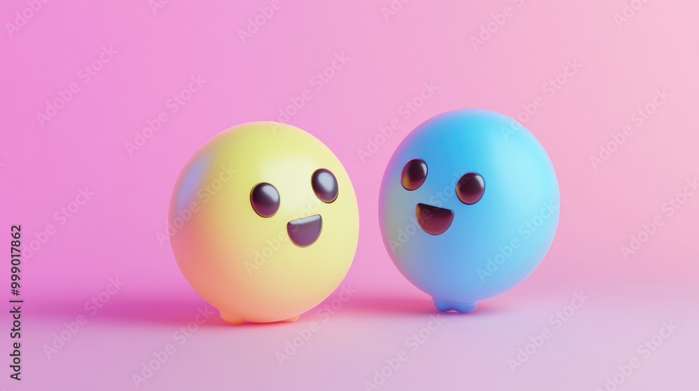 Two 3D smiley faces, one yellow and one blue, on a pink background. Two 3D smiley faces, one yellow and one blue, on a pink background.