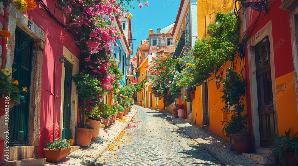Fototapeta premium Narrow, colorful street with many potted plants and flowers. The street is lined with houses and has a cobblestone path