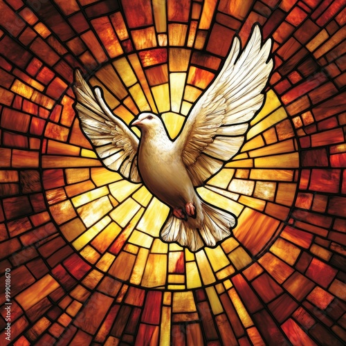Depiction of the Holy Spirit as a dove in vibrant stained glass window