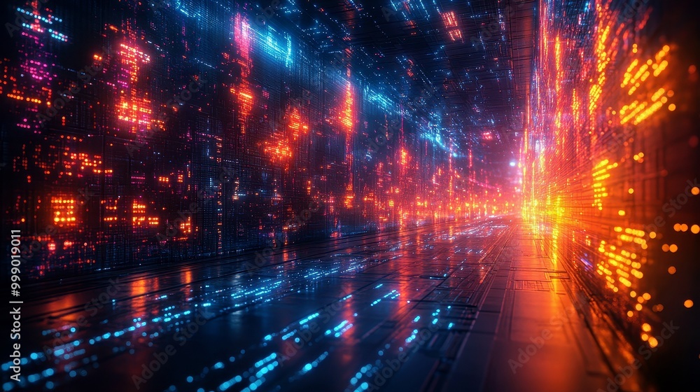 Obraz premium Transient Technicolor Symphony: Futuristic Holographic Colors in High-Tech Environment