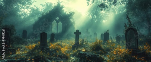 dark and eerie forest scene featuring an overgrown cemetery with crumbling tombstones shadows lurking among the graves conjuring feelings of mystery photo